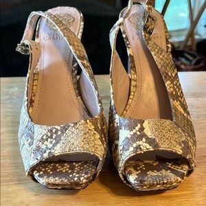 Vince Camuto Cream and Brown Heels with snakeskin print